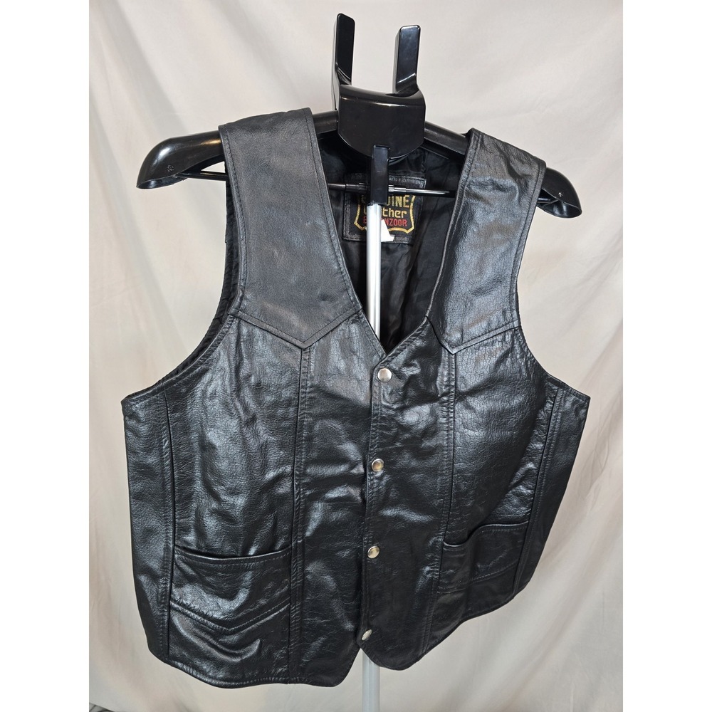 Genuine Leather By Manzoor Vest‎ Black Biker Wear Size 46 Patch Ready